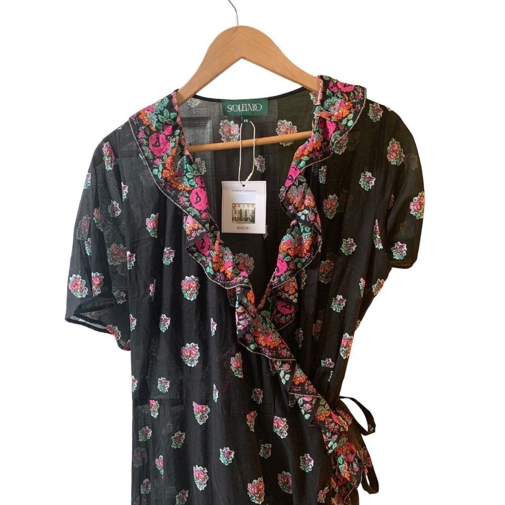 Soleiado Paris NWT Womens Black Paoline Pompadour Wrap S/S Dress EU 44 L US14 - Picture 6 of 16